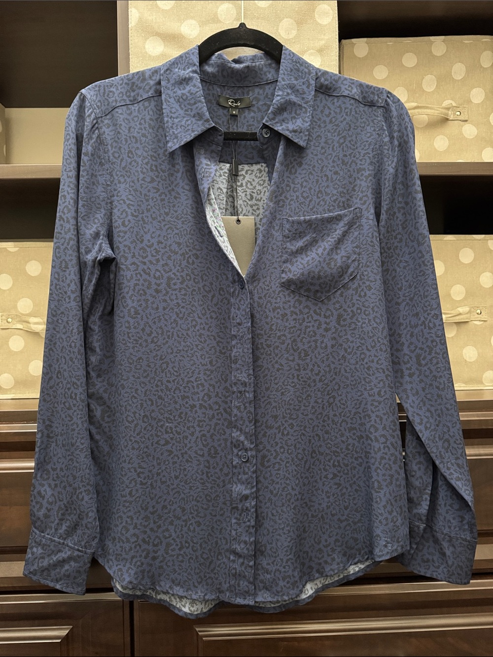 Rails Blue Leopard-Print Long Sleeve Button-Up Silk blouse